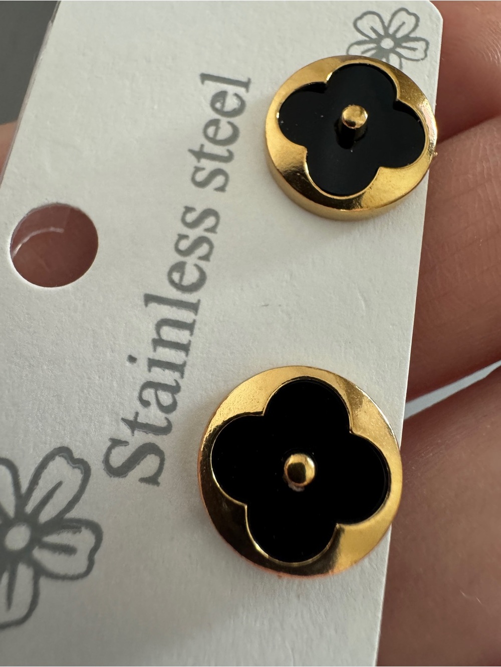 Gold and Black Floral Stainless Steel Stud Earrings